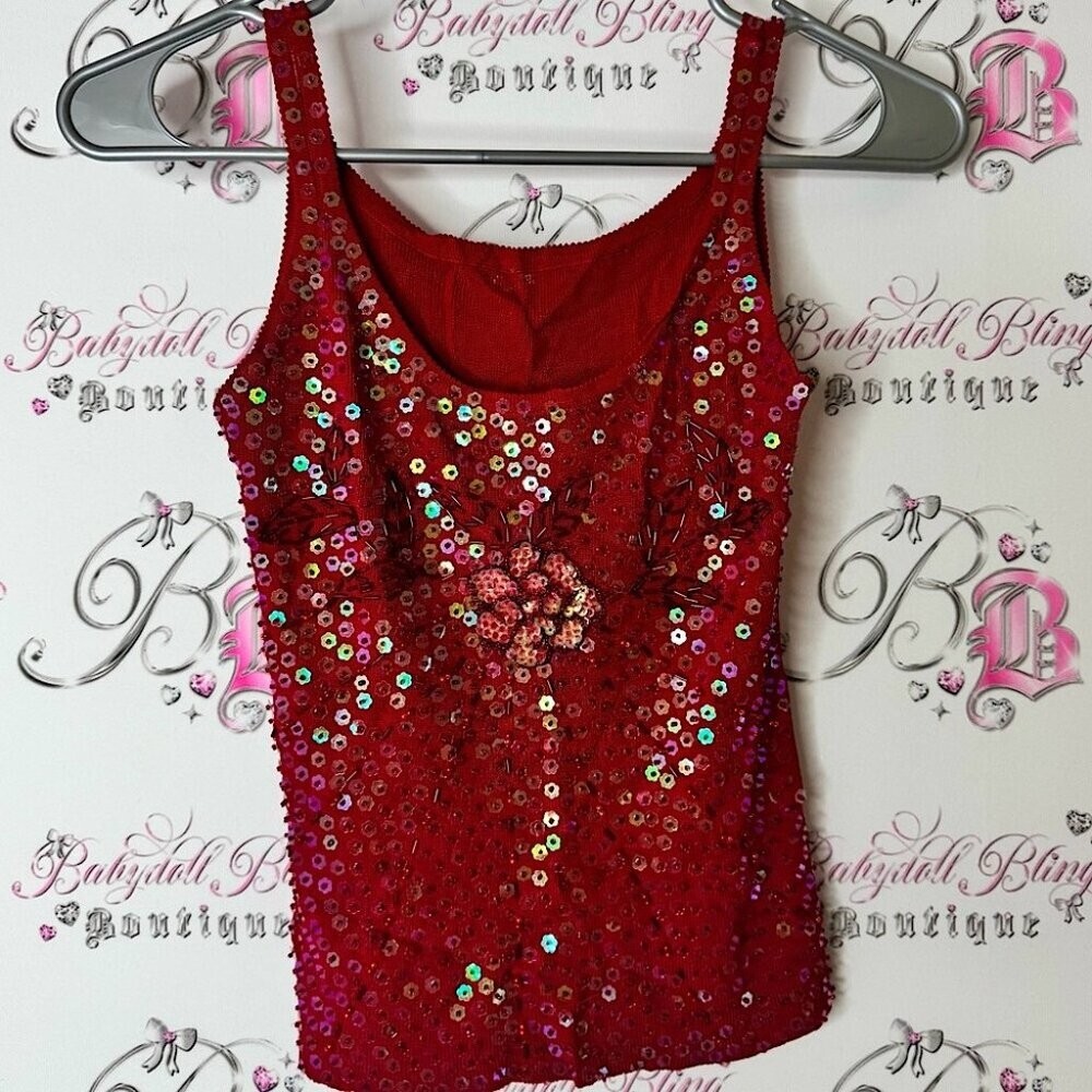 Sequin tank top flower embroidered sparkly beaded Embellished Red Tank Top